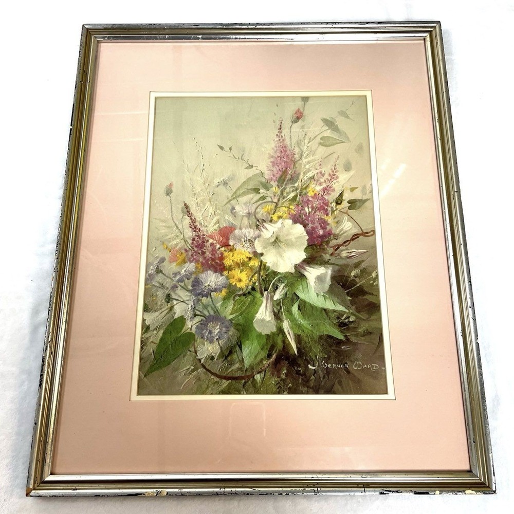 Large Vernon Ward Floral Bouquet Framed Print VTG Franklin Picture Co Pink Mat